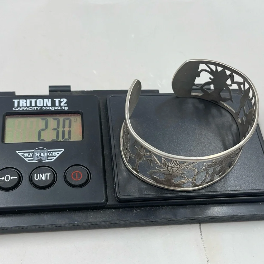 Vintage El Salvador 900 Sterling Silver Cuff Bracelet Cutout Dancer Motif - Picture 8 of 8